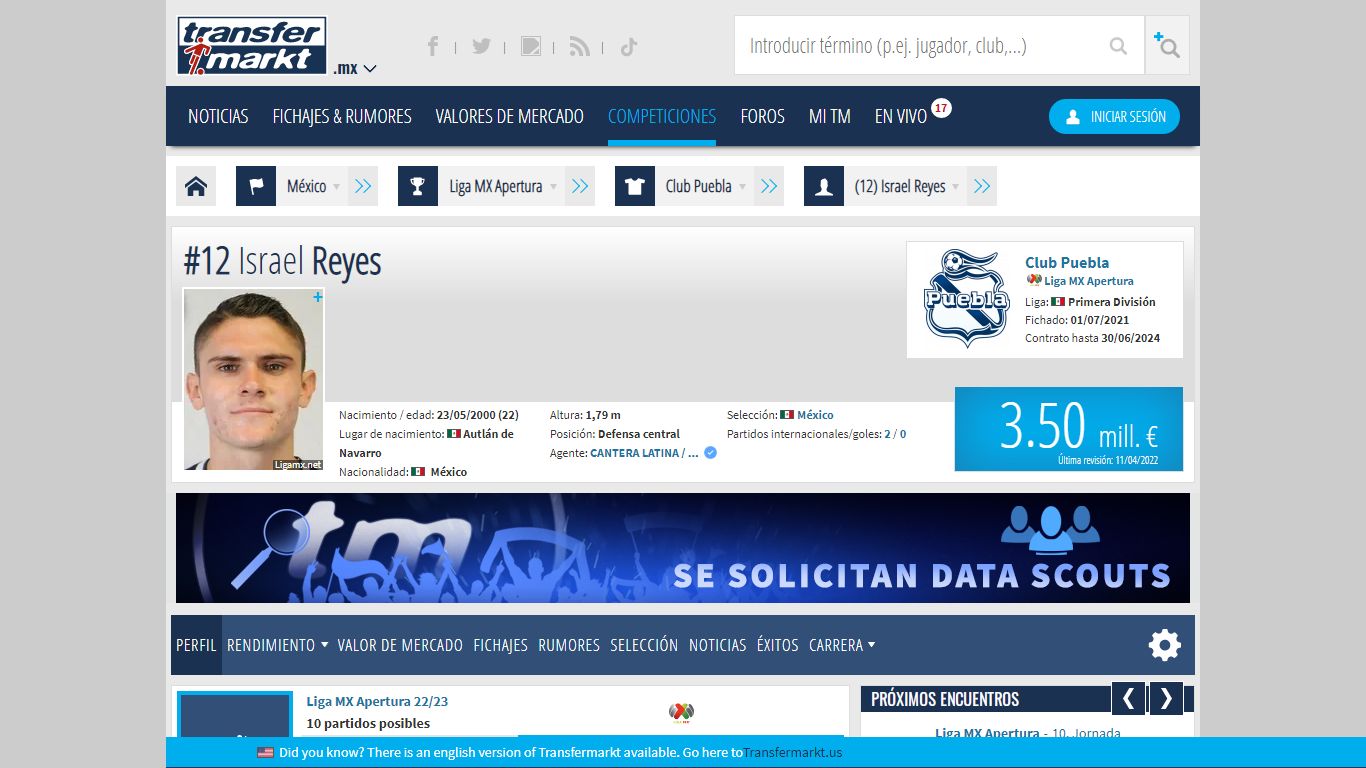 Israel Reyes - Perfil del jugador 22/23 | Transfermarkt